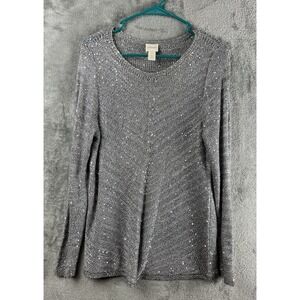 Chicos Sweater Gray Silver Metallic Open Knit Sequin SZ 1 Medium Lightweight